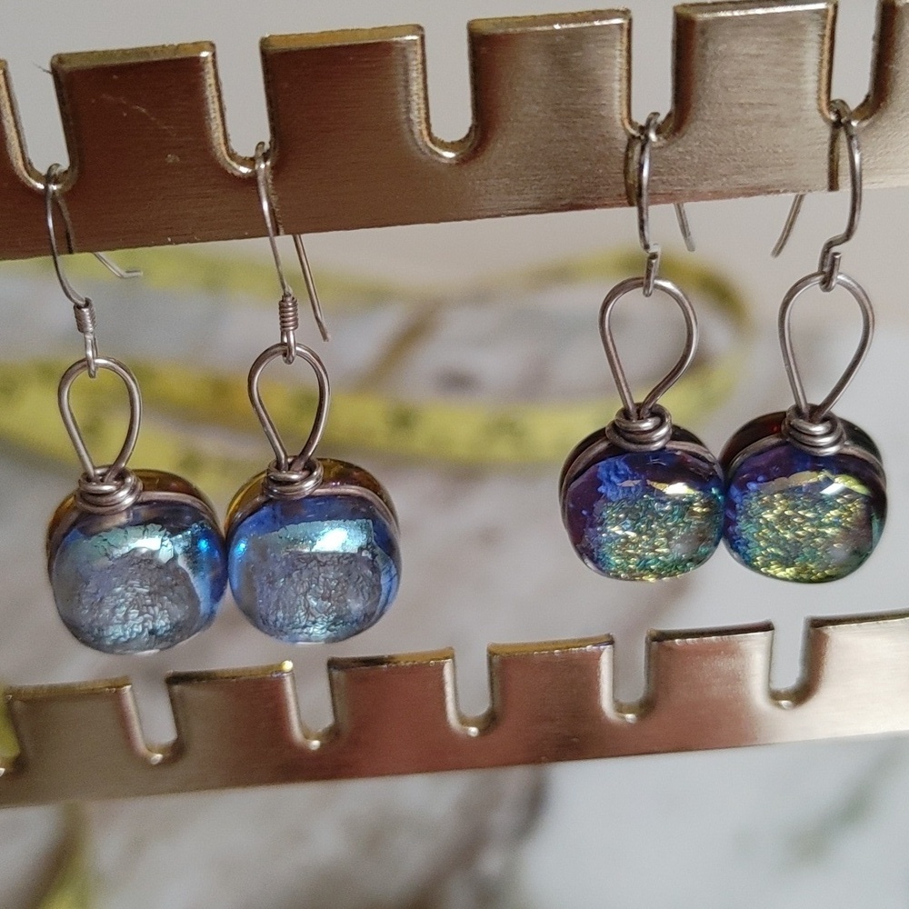 Round Dichroic Glass Sterling Wrapped Earrings - Picture 13 of 16